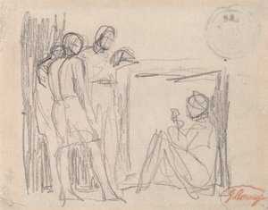Tres figuras de pie ante una figura sentada de George Romney
